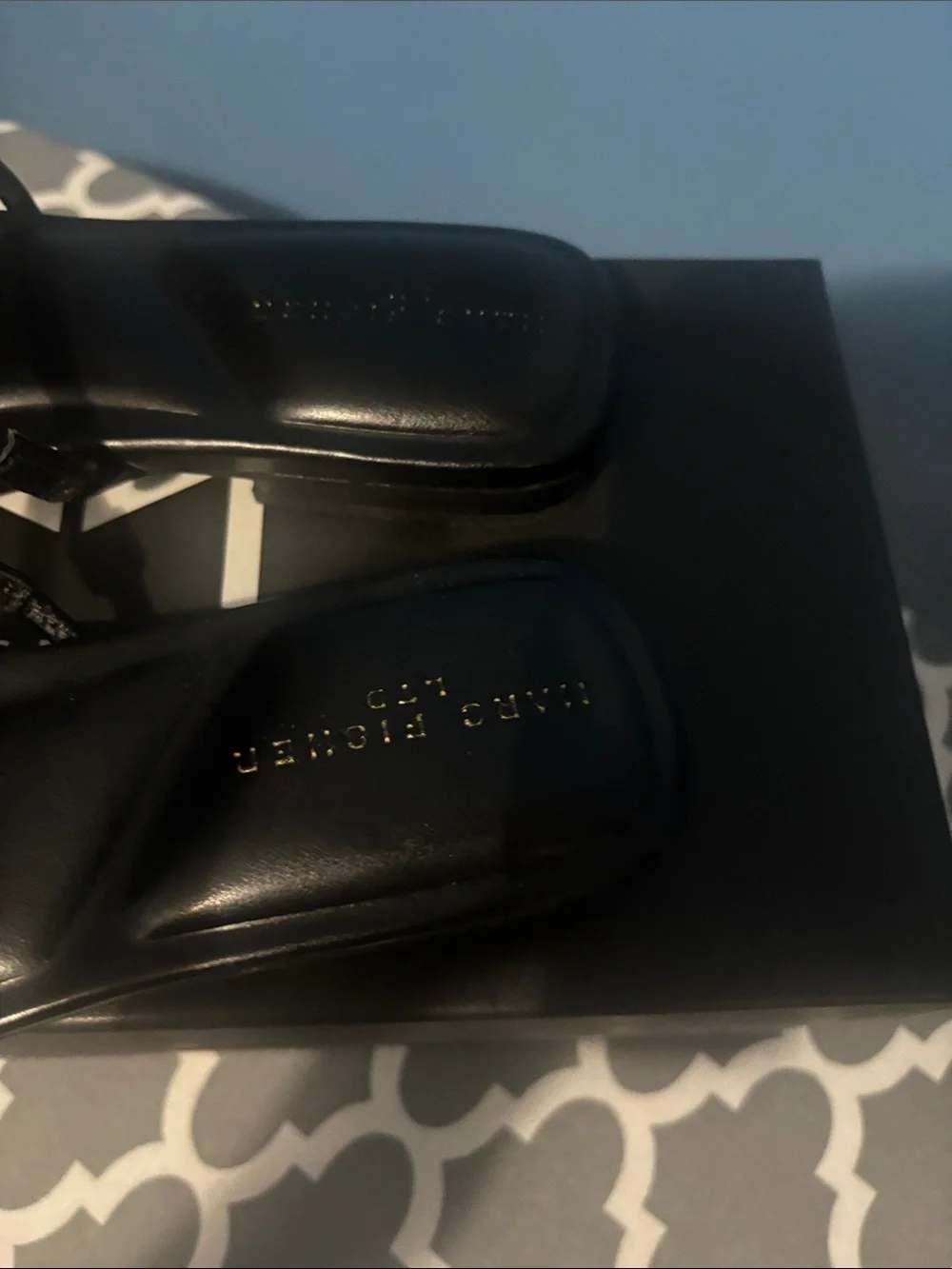 Marc Fisher Black Square-Toe Slide Sandals with Silver Teardrop Accent
